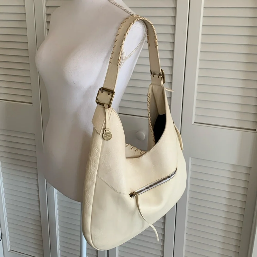 Dooney & Bourke Ivory Leather Whipstitched Large Hobo Shoulder Bag Made in Italy